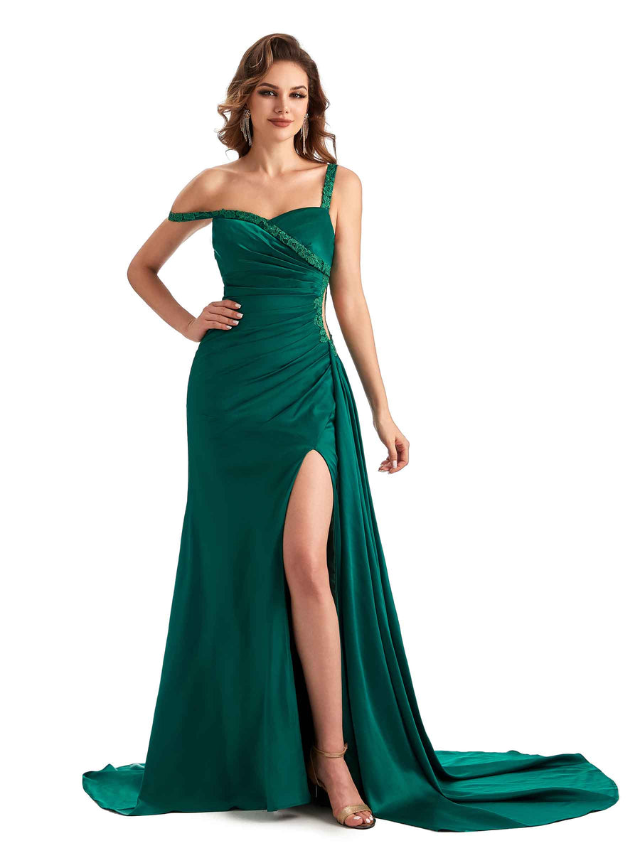 Sexy Side Slit Mermaid Silky Satin One Shoulder Modern Bridesmaid Dresses Online