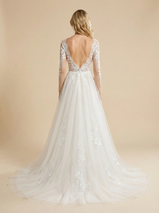 A-Line V-neck Long Sleeves Maxi Long Tulle Wedding Dresses Online