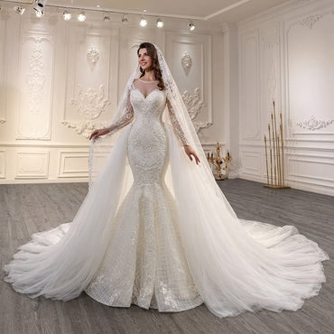 ChicSew Sparkly Mermaid Illusion Ball Gown Wedding Dress With Overskirt