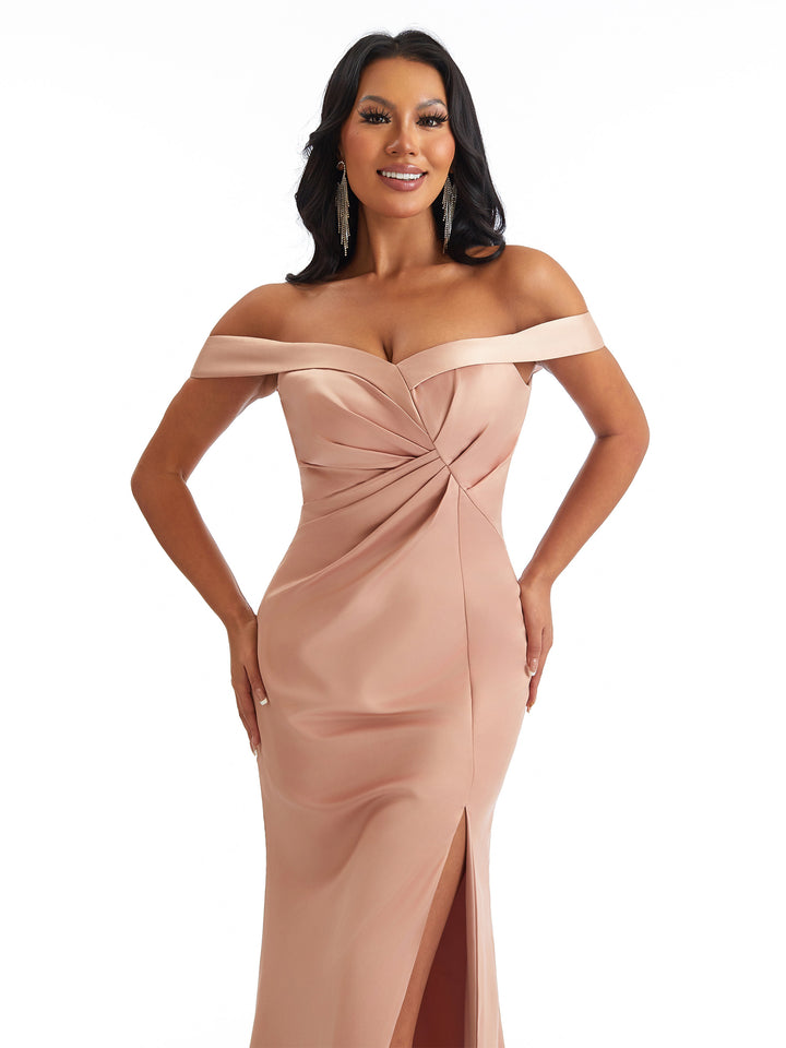 Sexy Off The Shoulder Side Split Mermaid Soft Satin Unique Long Bridesmaid Dresses