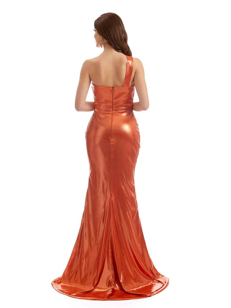 One Shoulder Mermaid Metallic Stretch Shiny Fabric Long Bridesmaid Dresses Online