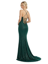 Sparkly Spaghetti Straps Glitter Jersey V-neck Mermaid Side Slit Ruched Evening Prom Dresses