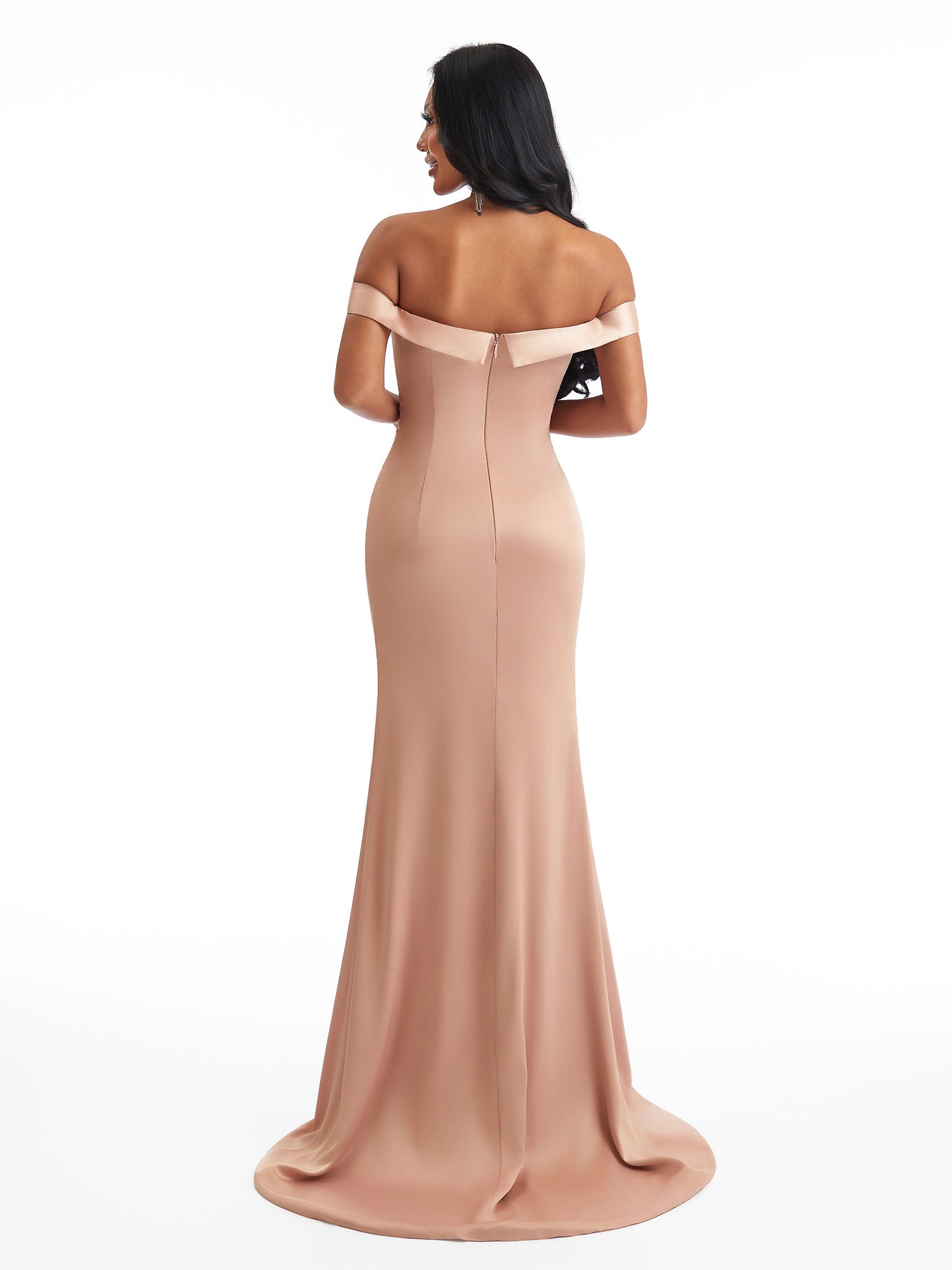 Sexy Off The Shoulder Side Split Mermaid Soft Satin Unique Long Bridesmaid Dresses