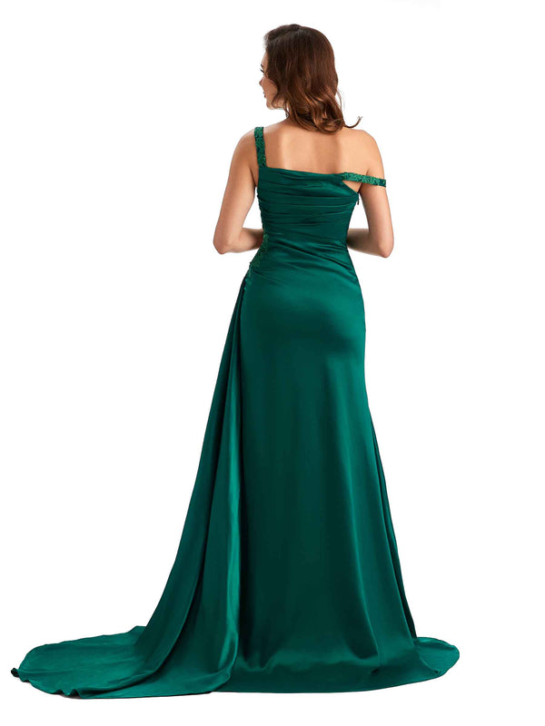 Sexy Side Slit Mermaid Silky Satin Off Shoulder Chic Long Bridesmaid ...