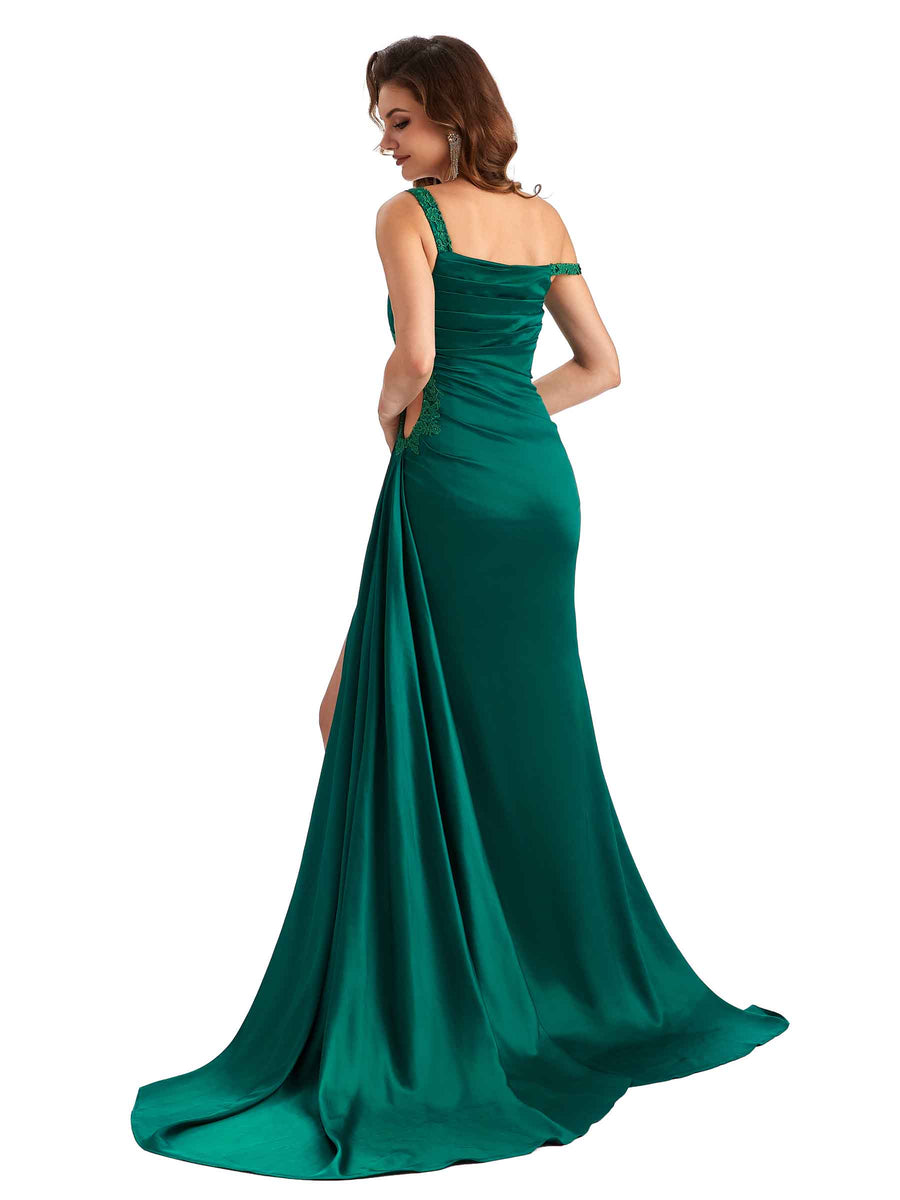 Sexy Side Slit Mermaid Silky Satin One Shoulder Modern Bridesmaid Dresses Online