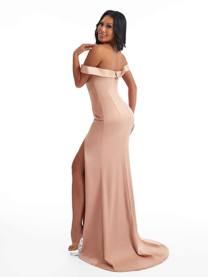 Sexy Off The Shoulder Side Split Mermaid Soft Satin Unique Long Bridesmaid Dresses