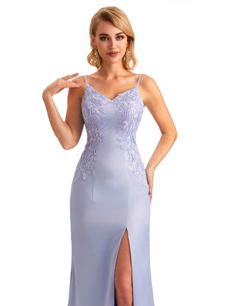 Sexy Side Split Mermaid Spaghetti Straps Soft Satin Unique Lace Long Bridesmaid Dresses