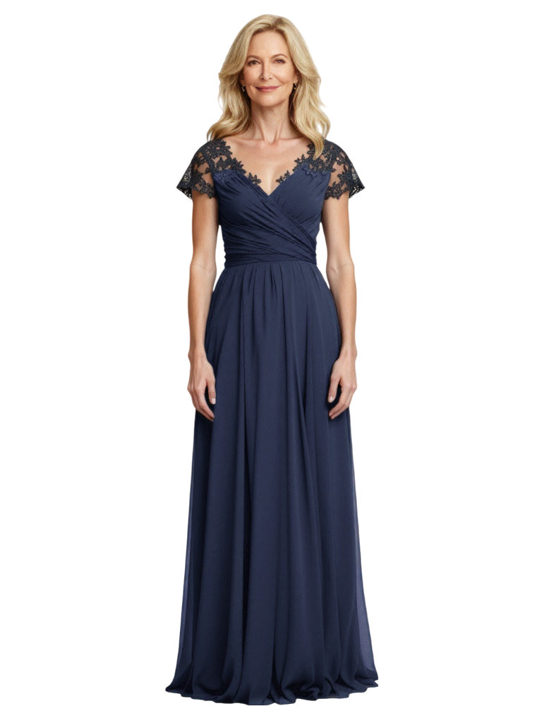 Elegant V-Neck Short Sleeves Lace Chiffon A-line Mother of The Bride Dresses