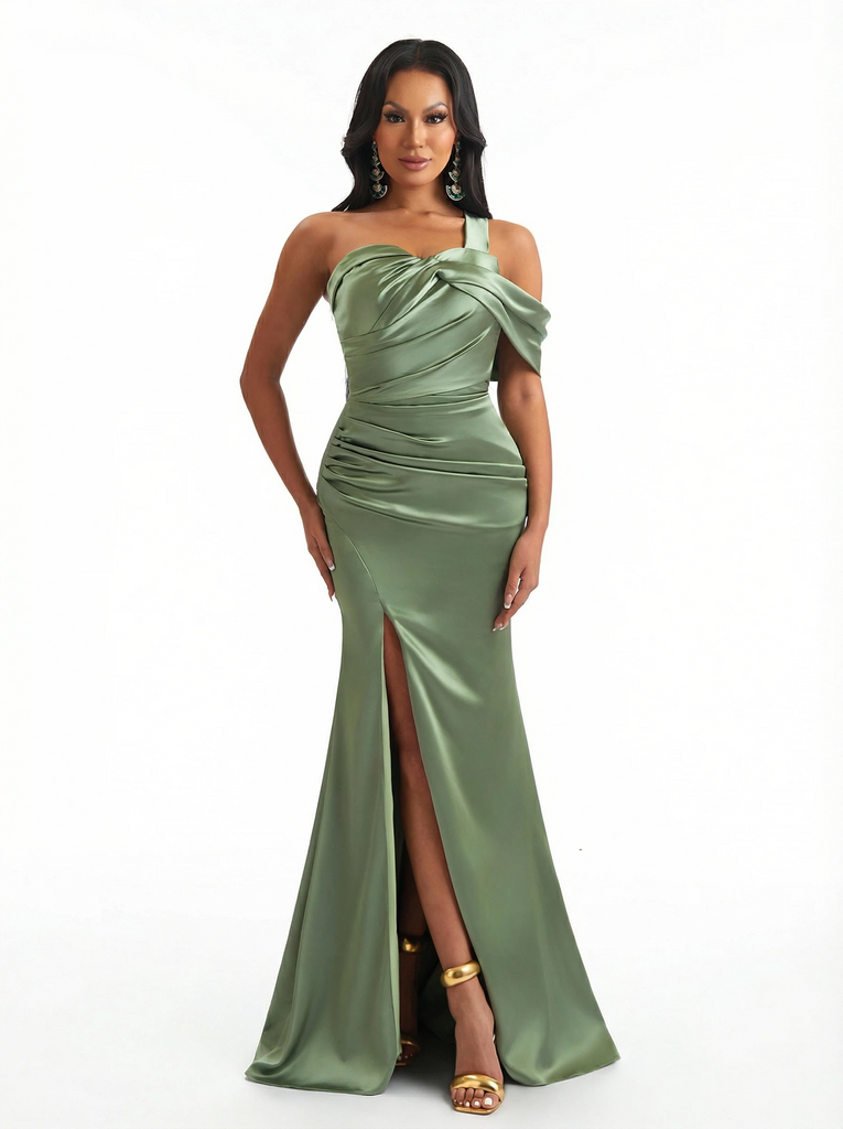 Modern One Shoulder Mermaid Ruched Satin Long Formal Dresses For Women Side Slit
