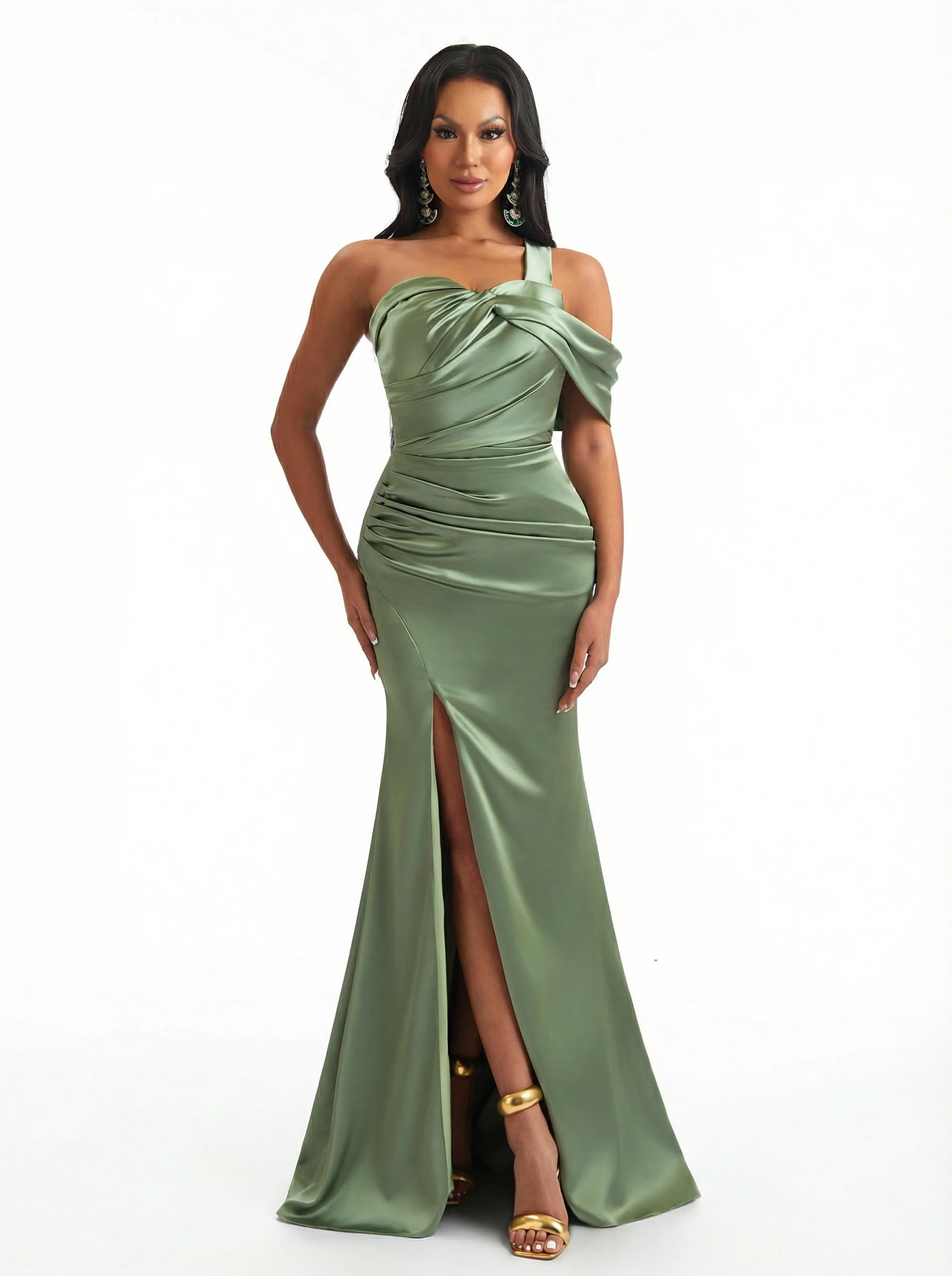Modern One Shoulder Mermaid Ruched Satin Long Formal Dresses For Women Side Slit