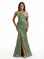 Modern One Shoulder Mermaid Ruched Satin Long Formal Dresses For Women Side Slit