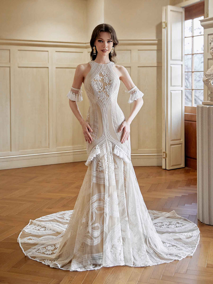 Sexy Mermaid Halter Neck Open Back Maxi Long Lace Wedding Dresses Online