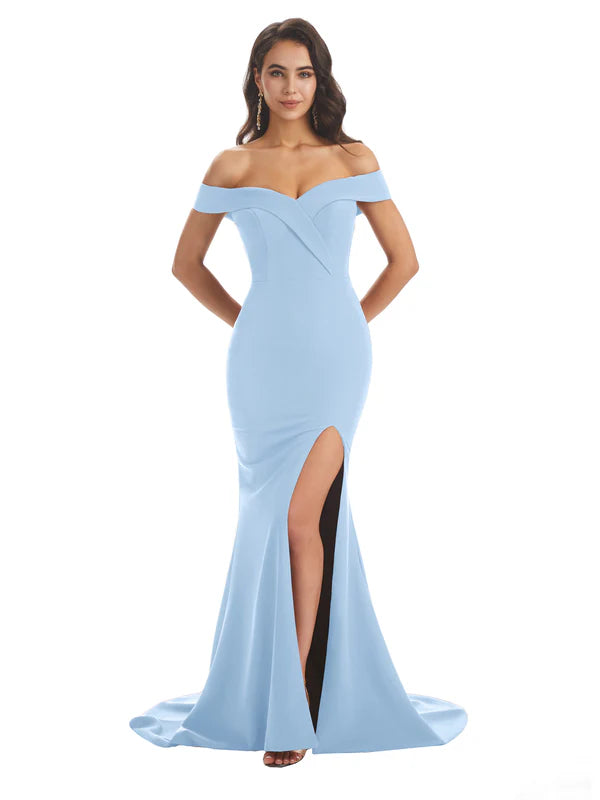 Sexy Soft Satin Off Shoulder Side Slit Floor-Length Mermaid Bridesmaid Dresses In Stock