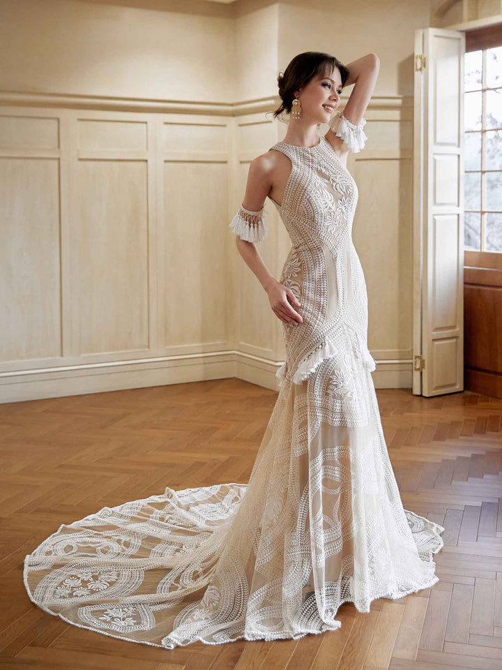Sexy Mermaid Halter Neck Open Back Maxi Long Lace Wedding Dresses Online