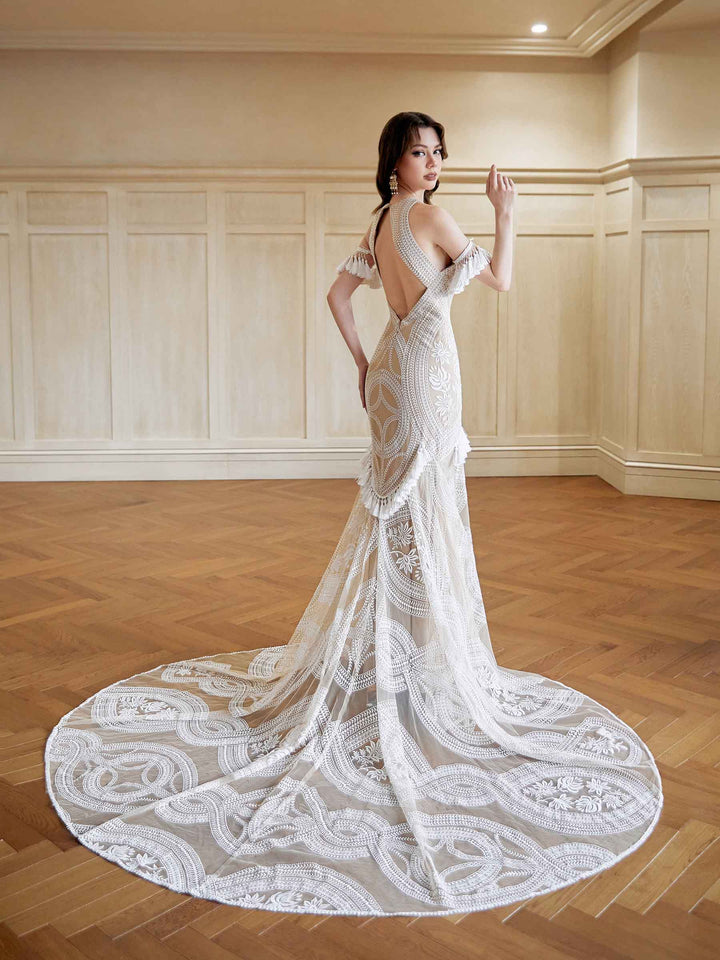 Sexy Mermaid Halter Neck Open Back Maxi Long Lace Wedding Dresses Online