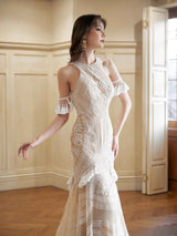 Sexy Mermaid Halter Neck Open Back Maxi Long Lace Wedding Dresses Online