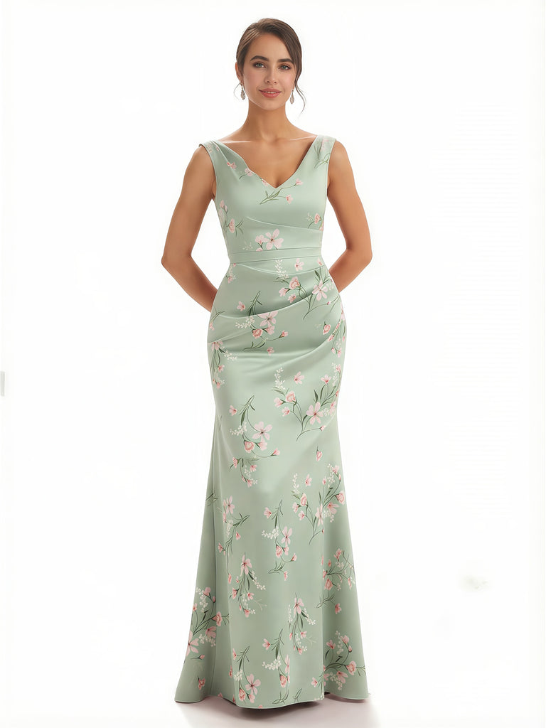 Trendy V-Neck Mermaid Floral Satin Maxi Floral Formal Evening Dresses For Women