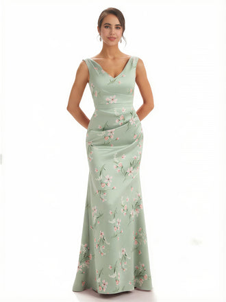 Trendy V-Neck Mermaid Floral Satin Maxi Floral Formal Evening Dresses For Women