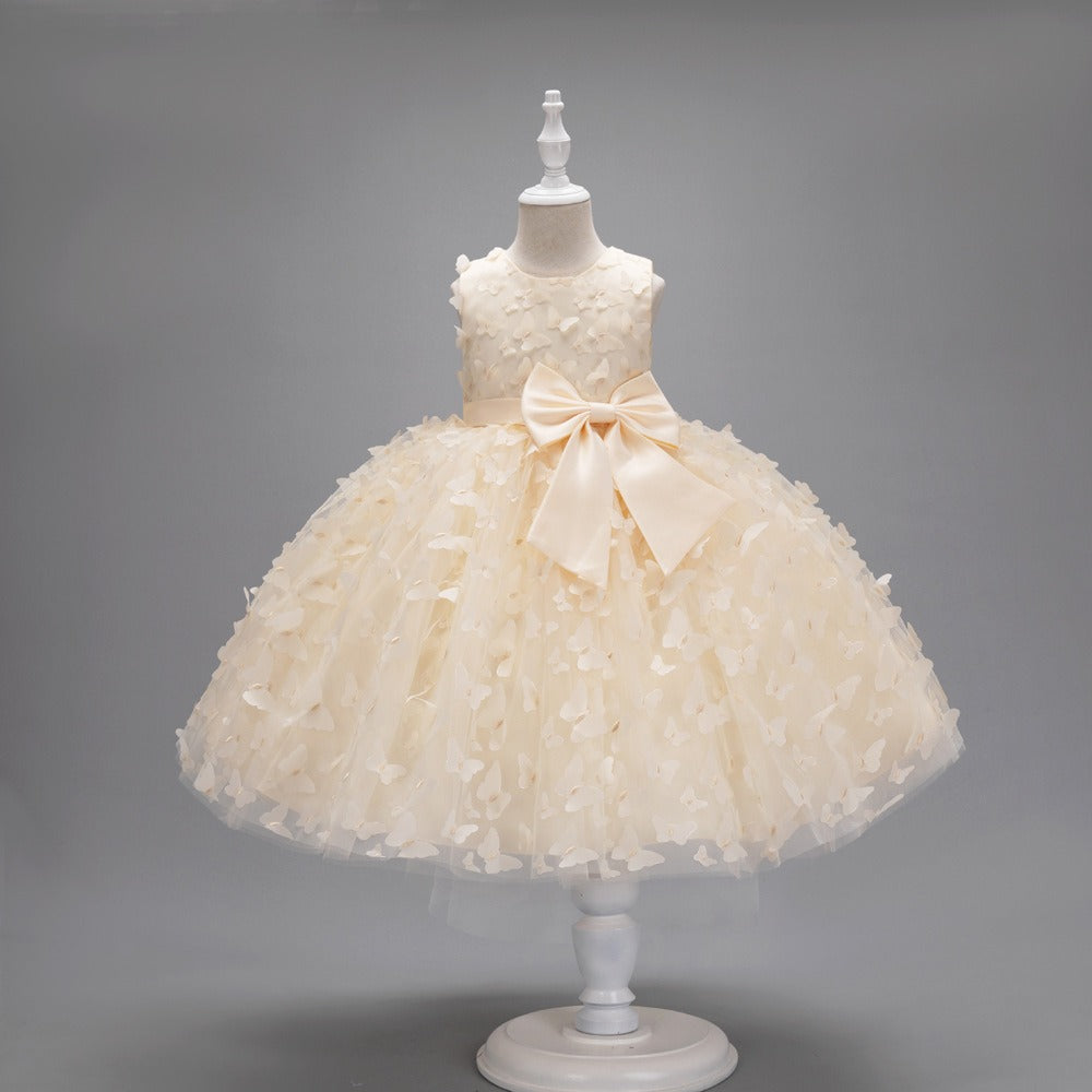 Flower Girls Dress Formal with Butterflies and Bow A-line Tulle Princess Gown for Wedding Kids Guest Dress