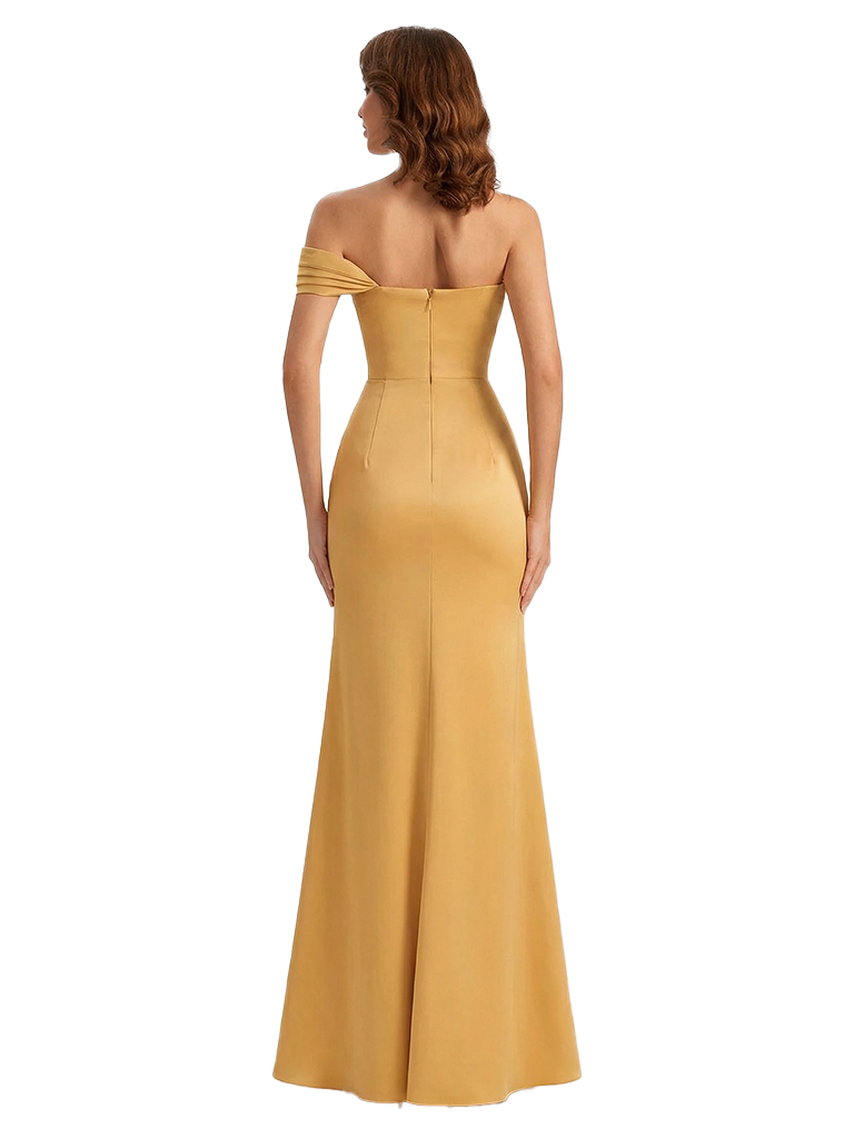 Sexy One Shoulder Ruched Side Slit Mermaid Silky Satin Long Formal Evening Dresses