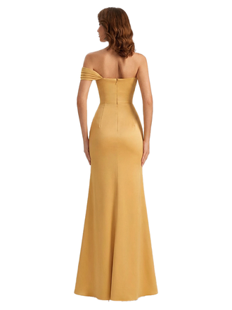 Sexy One Shoulder Ruched Side Slit Mermaid Silky Satin Long Formal Evening Dresses