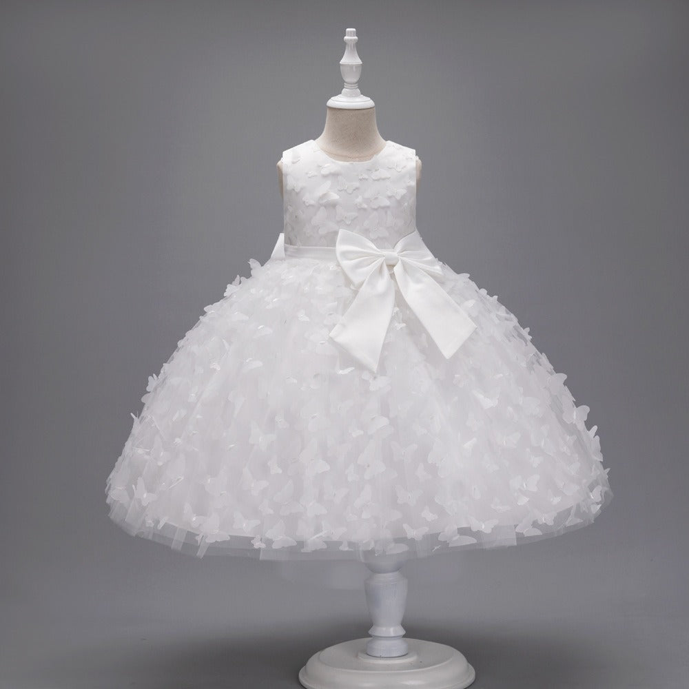 Flower Girls Dress Formal with Butterflies and Bow A-line Tulle Princess Gown for Wedding Kids Guest Dress