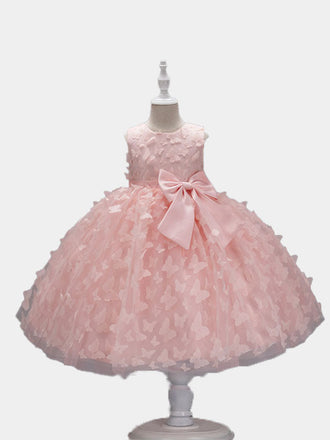 Flower Girls Dress Formal with Butterflies and Bow A-line Tulle Princess Gown for Wedding Kids Guest Dress