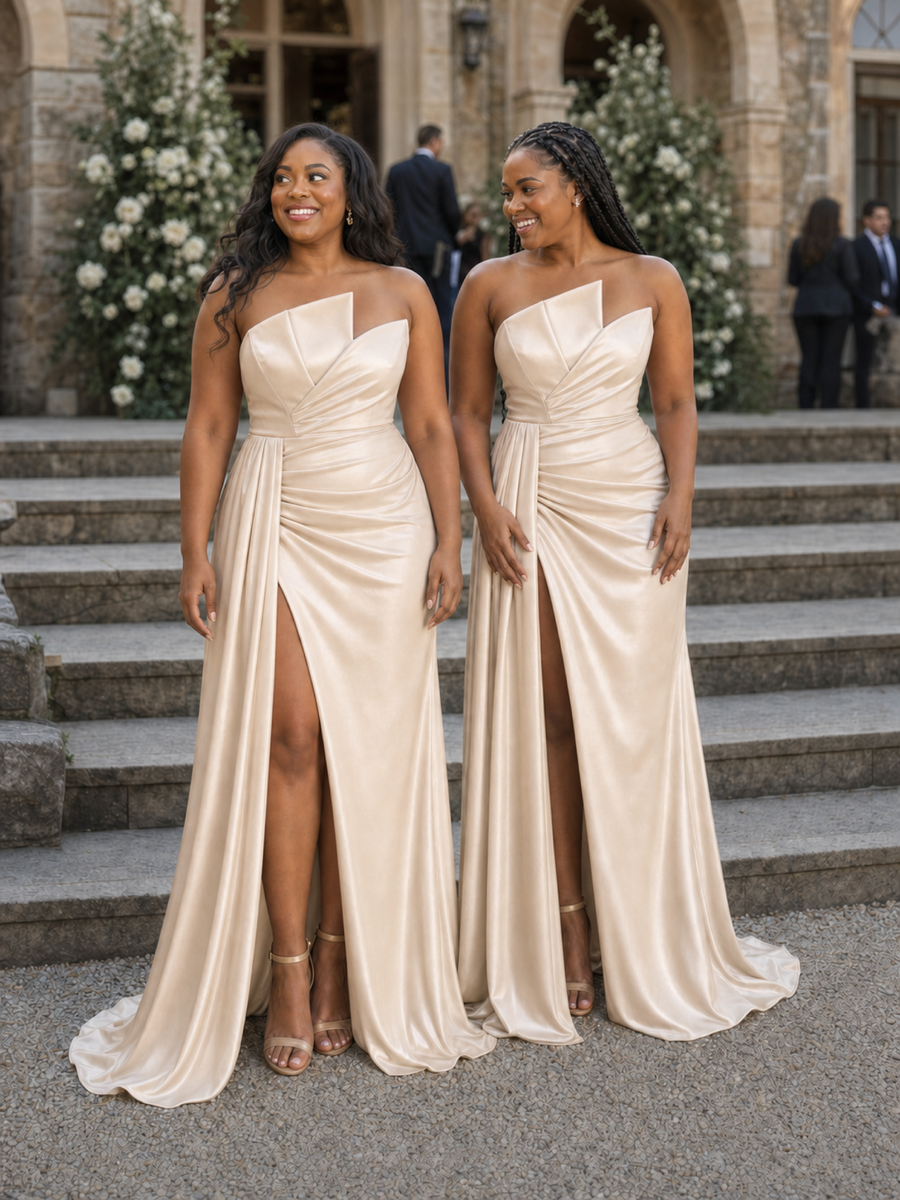 ChicSew Modern Strapless Ruching Side Slit Mermaid Soft Satin Floor-Length Bridesmaid Dresses