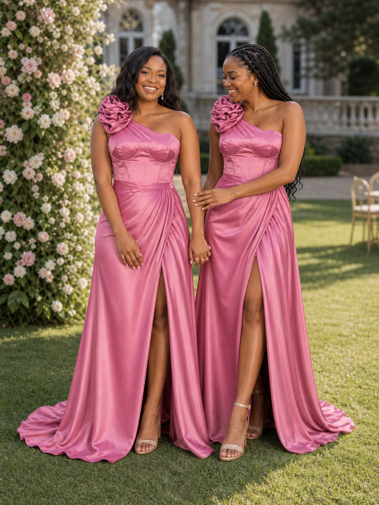 ChicSew One Shoulder Side Slit Soft Satin Maxi Sheath Bridesmaid Dresses With Boning