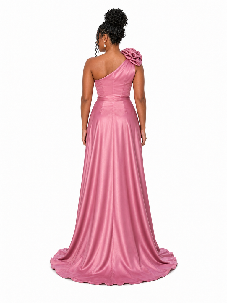 ChicSew One Shoulder Side Slit Soft Satin Maxi Sheath Bridesmaid Dresses With Boning