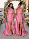 ChicSew One Shoulder Side Slit Soft Satin Maxi Sheath Bridesmaid Dresses With Boning