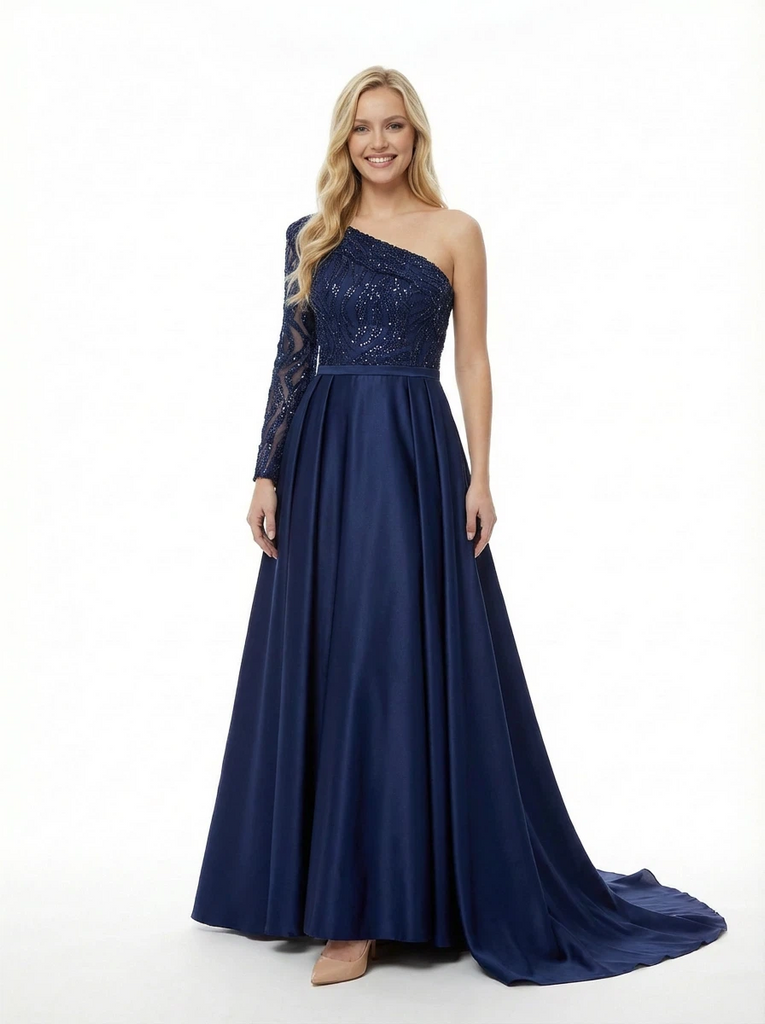 Elegant Satin Beaded One Shoulder Long Sleeve Party Prom Dresses with OverSkirt