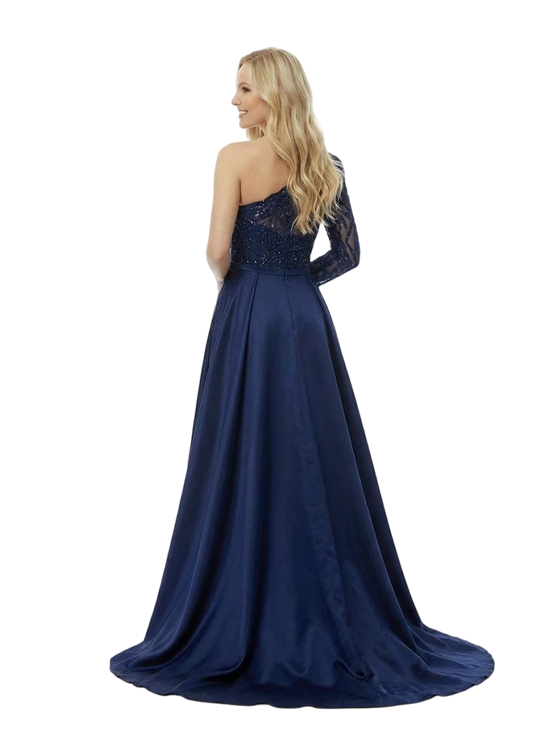 Elegant Satin Beaded One Shoulder Long Sleeve Party Prom Dresses with OverSkirt