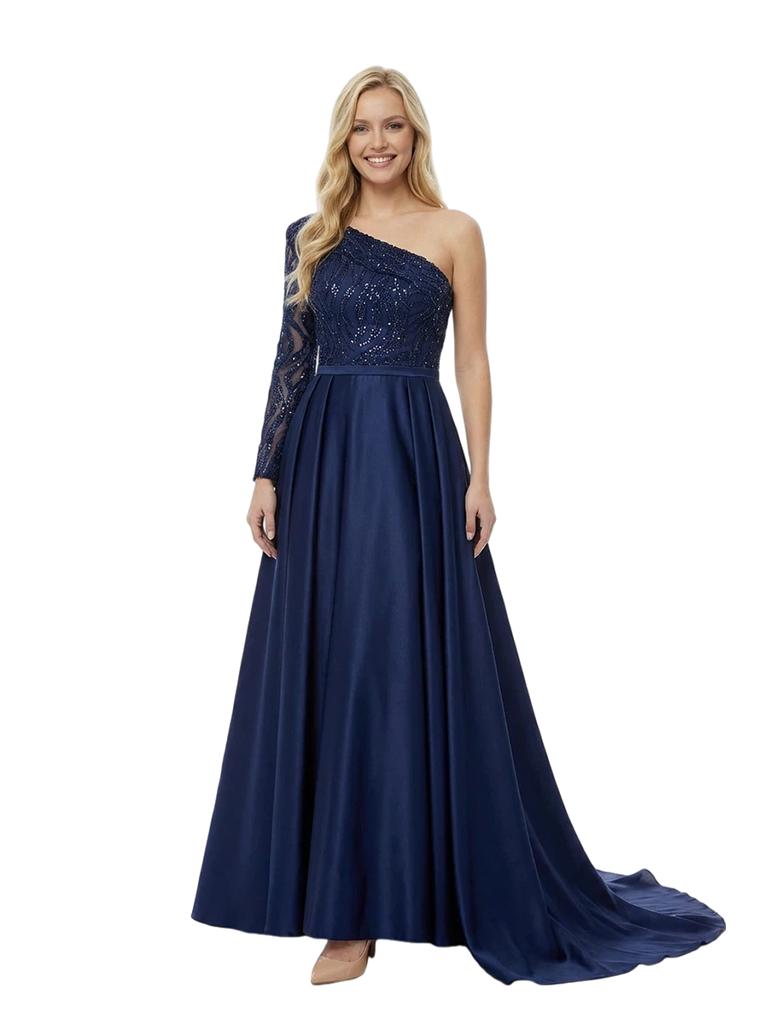 Elegant Satin Beaded One Shoulder Long Sleeve Party Prom Dresses with OverSkirt