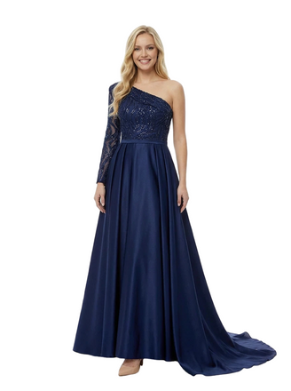 Elegant Satin Beaded One Shoulder Long Sleeve Party Prom Dresses with OverSkirt