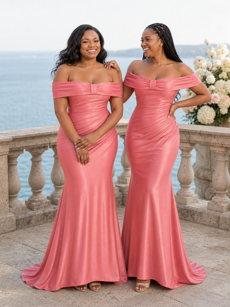 ChicSew Off Shoulder Ruching Soft Satin Mermaid Floor-Length Bridesmaid Dresses