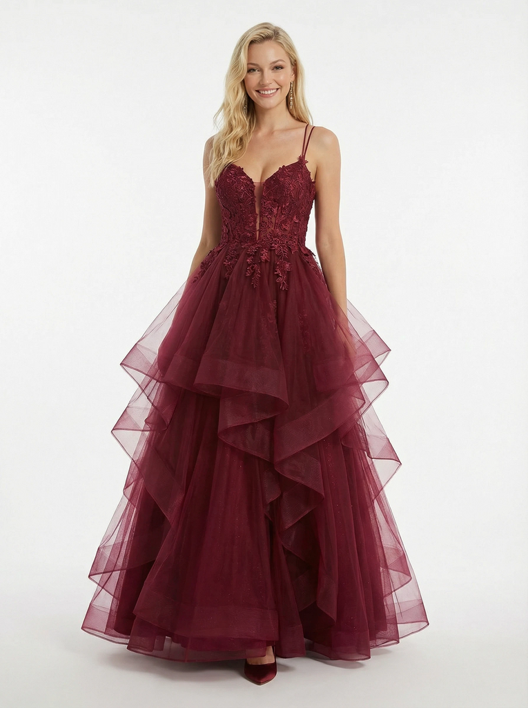 Elegant Lace Beaded Spaghetti Straps Ball Gown Long Prom Dresses