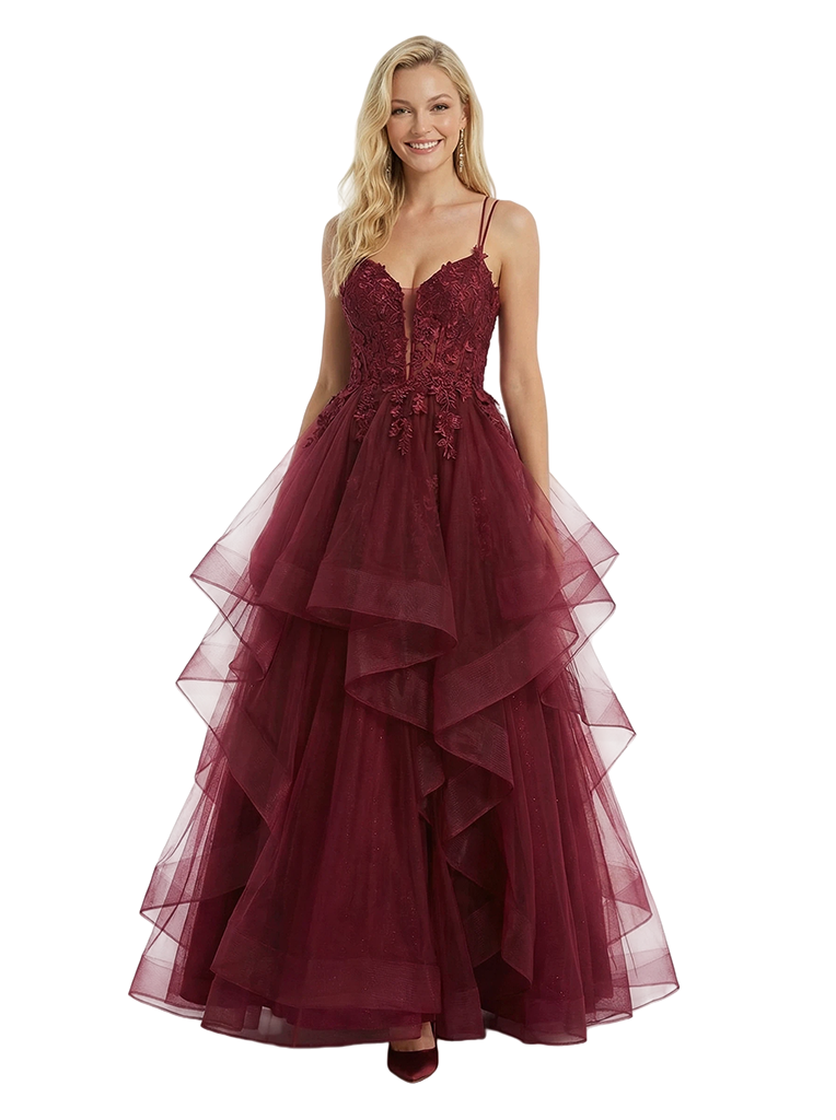 Elegant Lace Beaded Spaghetti Straps Ball Gown Long Prom Dresses