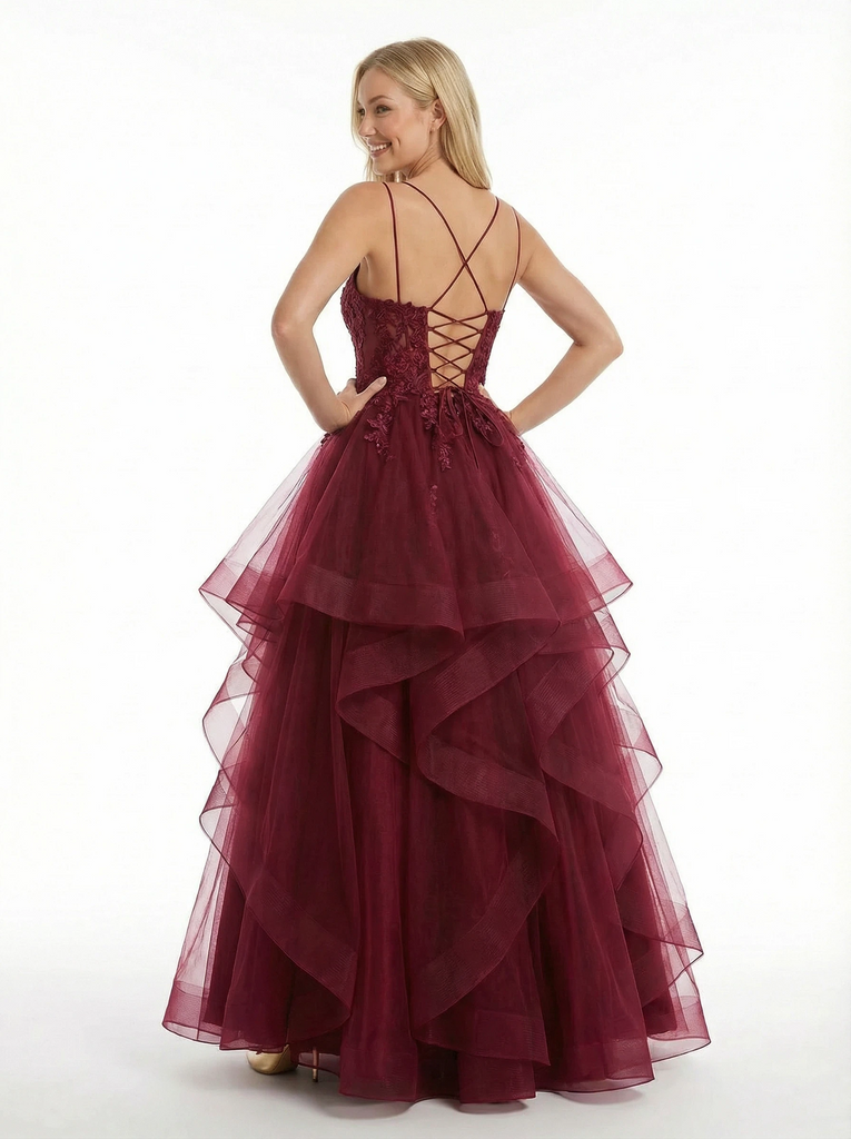 Elegant Lace Beaded Spaghetti Straps Ball Gown Long Prom Dresses