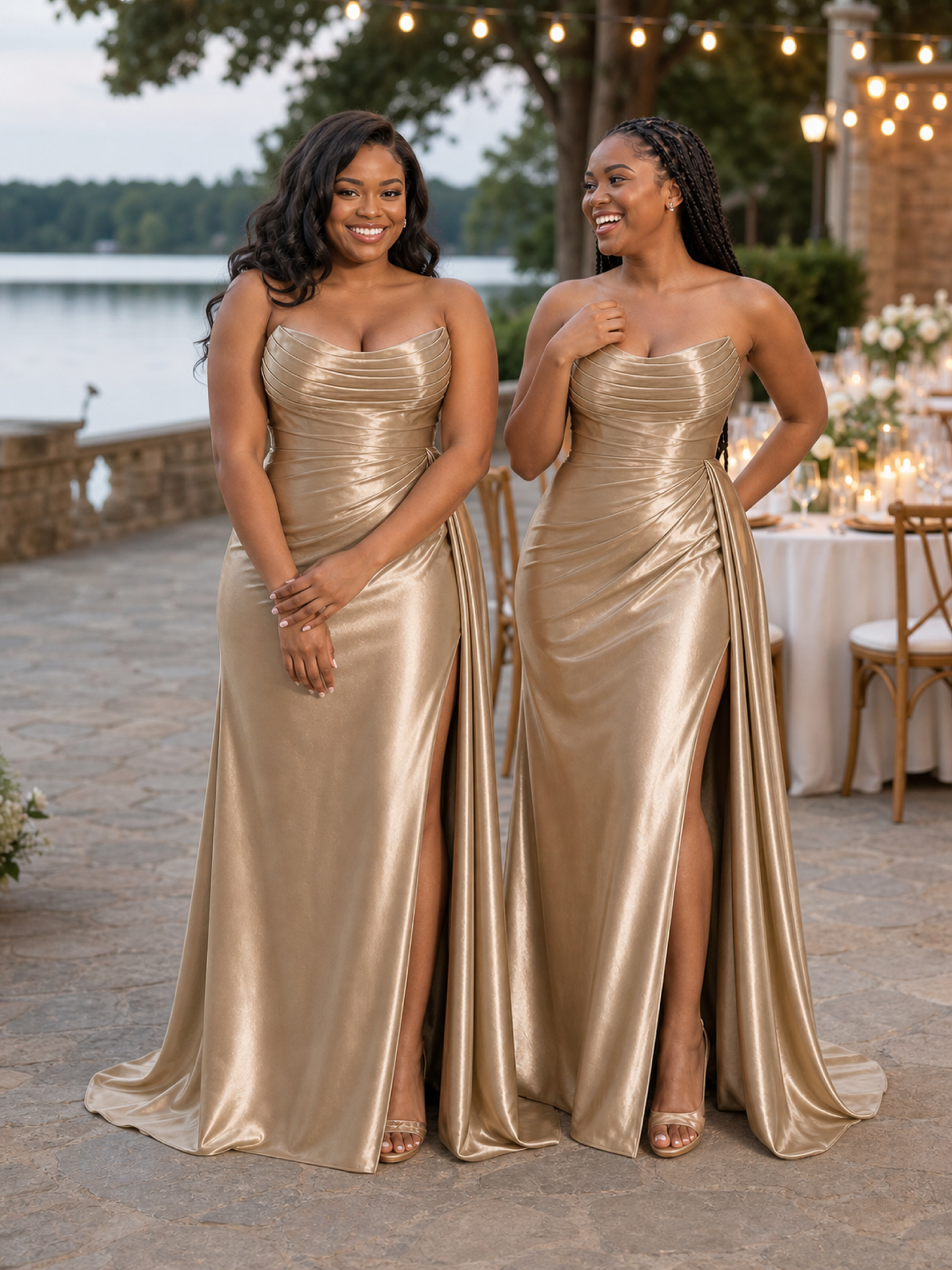 ChicSew Strapless Ruching Soft Satin Mermaid Long Bridesmaid Dresses With Side Slit