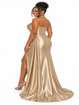 ChicSew Strapless Ruching Soft Satin Mermaid Long Bridesmaid Dresses With Side Slit