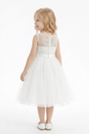 Sleeveless Lace Flower Girl Dress with Bow Waist, Classic A-Line Tulle Tea Length Design