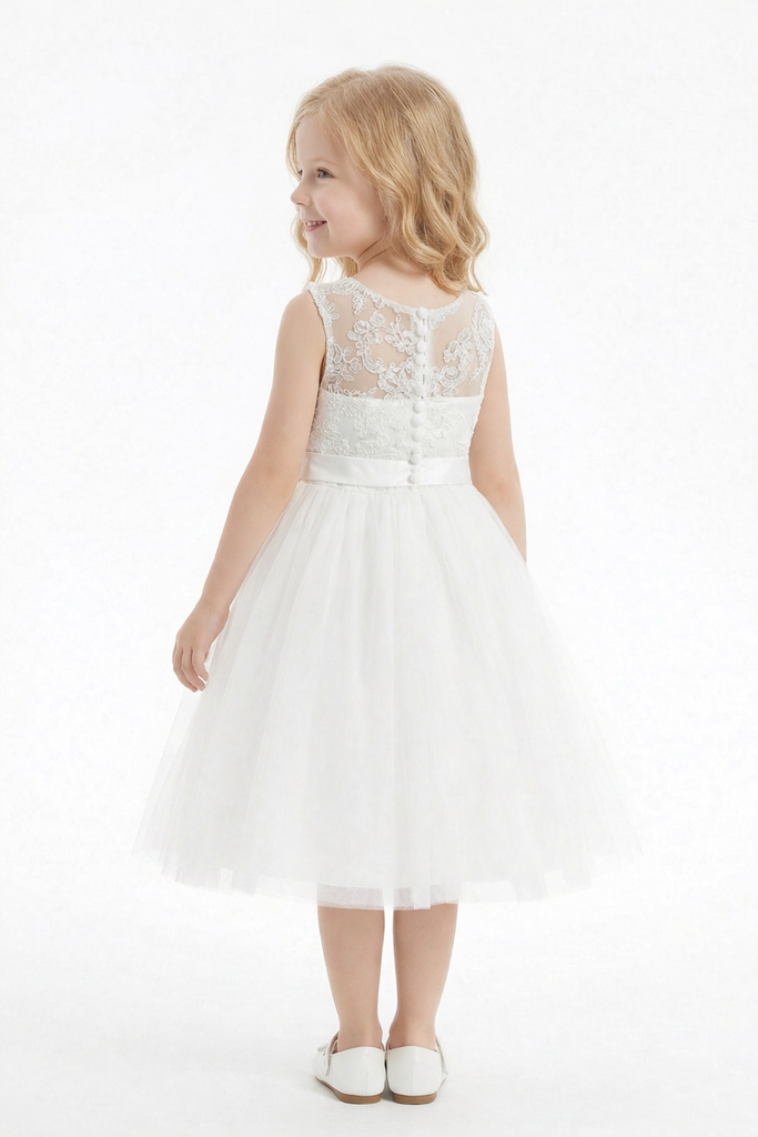 Sleeveless Lace Flower Girl Dress with Bow Waist, Classic A-Line Tulle Tea Length Design