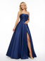 Simple Satin Strapless Side Slit A-line Floor Length Party Prom Dresses Slit