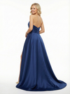 Simple Satin Strapless Side Slit A-line Floor Length Party Prom Dresses Slit