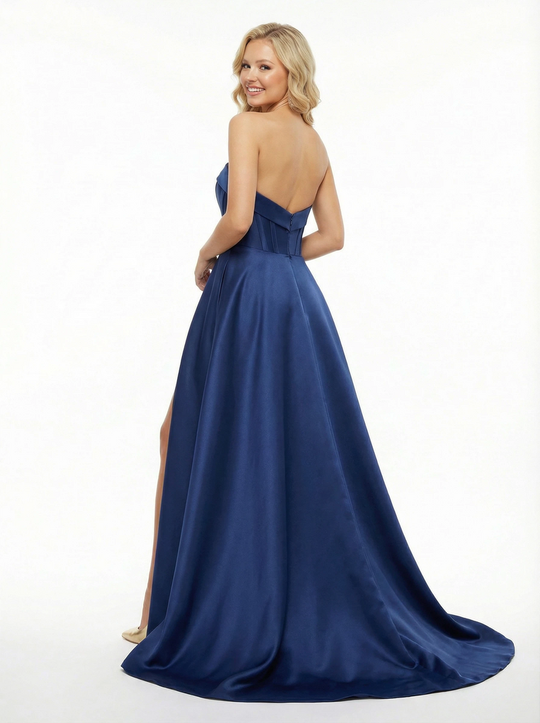 Simple Satin Strapless Side Slit A-line Floor Length Party Prom Dresses Slit