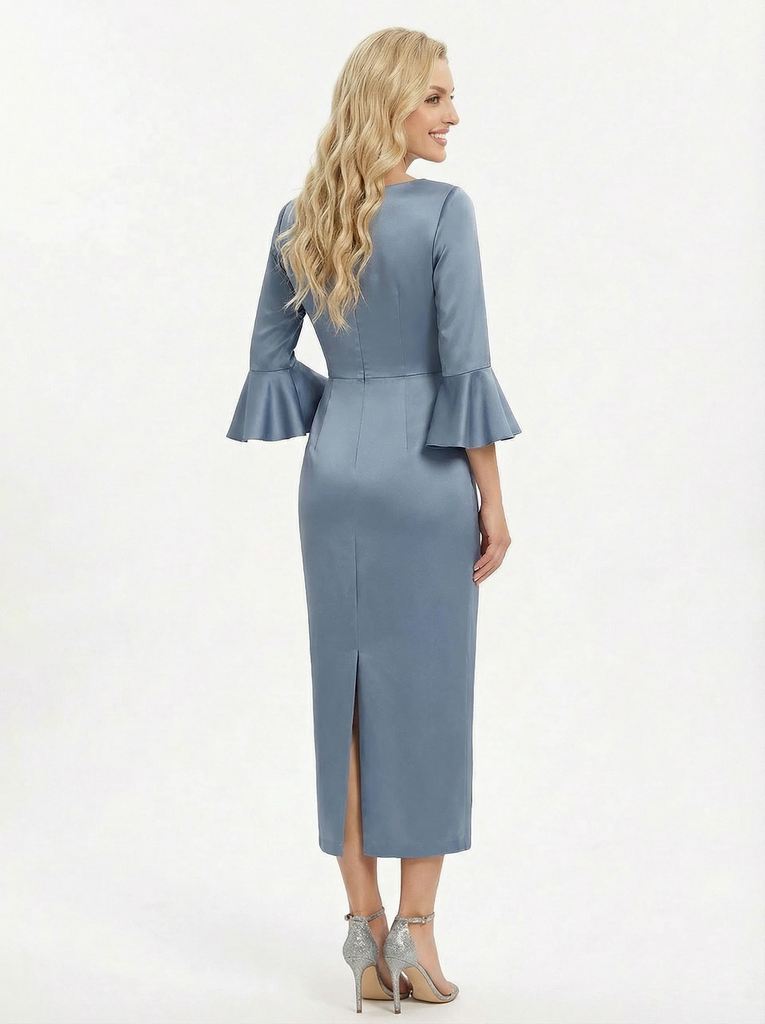 Elegant 3/4 Sleeves Jewel Ruched Mermaid Satin Mother of the Groom Evening Dress