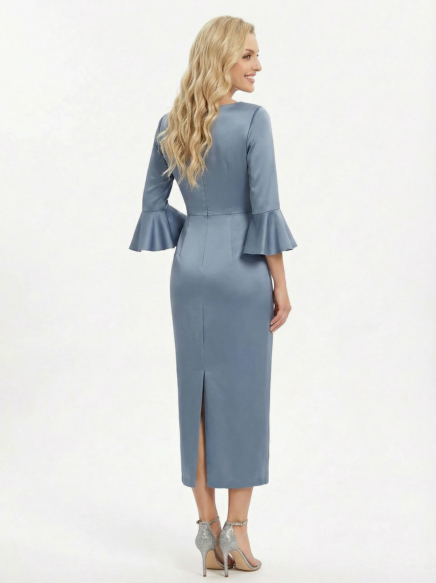 Elegant 3/4 Sleeves Jewel Ruched Mermaid Satin Mother of the Groom Evening Dress