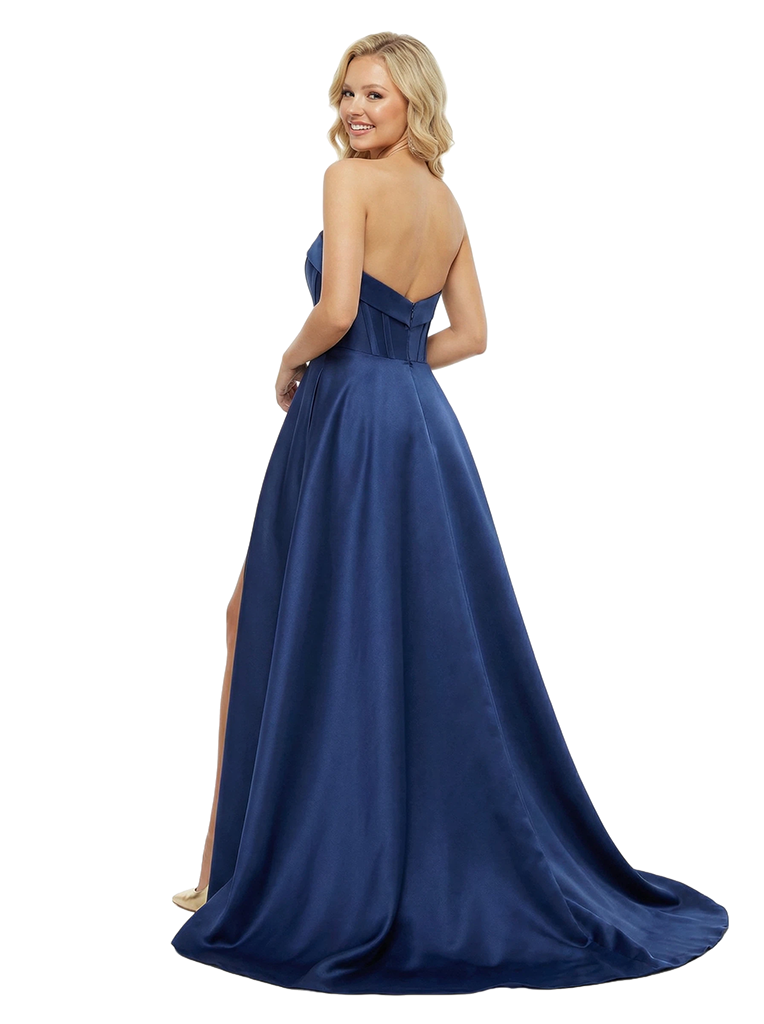Simple Satin Strapless Side Slit A-line Floor Length Party Prom Dresses