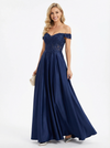 Elegant Lace Off Shoulder A-line Floor Length Satin Long Party Prom Dresses